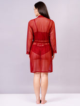 Fleurt Maroon Power Net+Lycra Net Babydoll with Robe Dress for Women HOBF-BD-170GN-MR