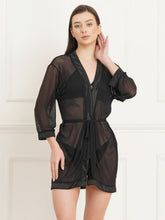 Fleurt Black satin+spendex Babydoll with Robe Dress for Women BD-1014-BK & Set-Bikini-0239BK
