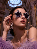 Celebrity Black Gold-Toned Metal Rimless UV Protected  Star Crystal Sunglasses For Women CL128BK