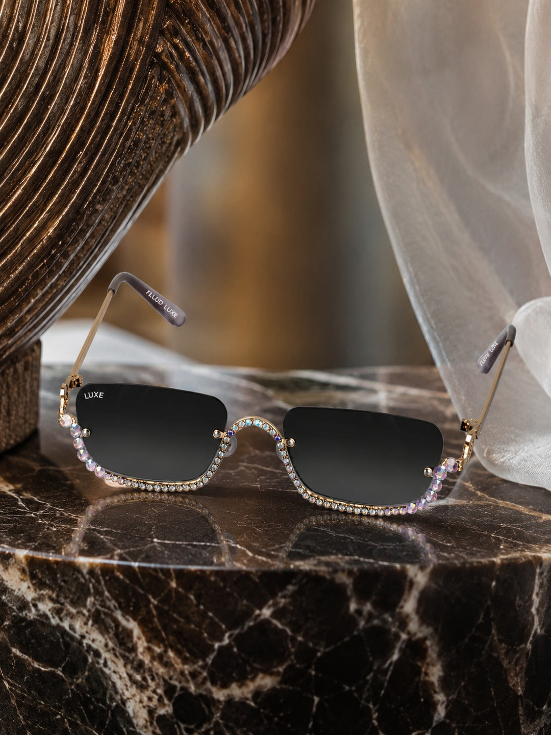 Celebrity Black Gold-Toned Metal Rimless UV Protected  Crystal Frame Sunglasses For Women CL169BK
