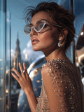 Celebrity Clear Silver-Toned Metal Rimless UV Protected  Diamond Wave Sunglasses For Women CL161TP