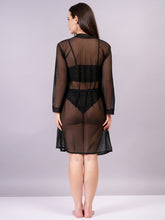 Fleurt Black Power Net+Lycra Net Babydoll with Robe Dress for Women HOBF-BD-170GN-BK