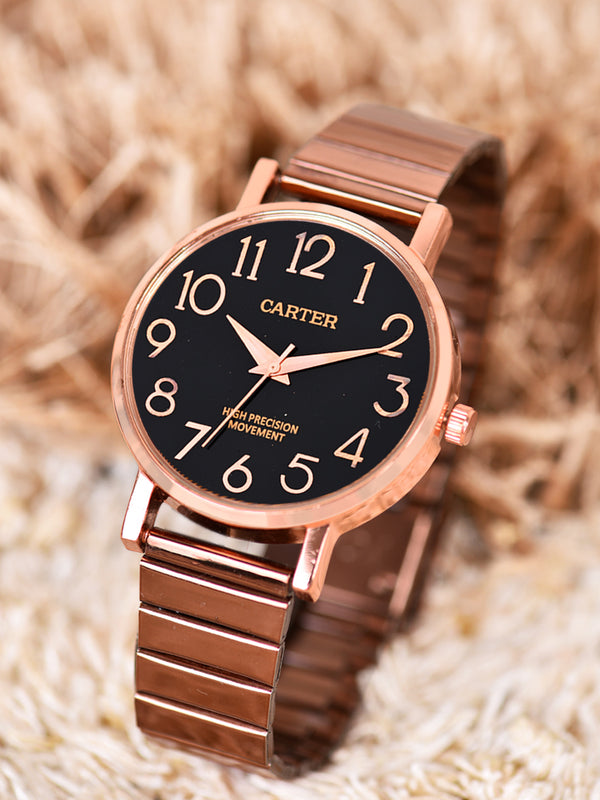 Sandy D Carter Metal Copper Analogue Round Watches for Women_SDC24-83-RG-BK
