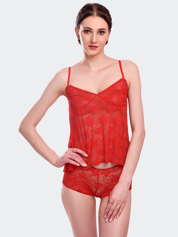 Fleurt Red Power Net Co-Ord Set Babydoll Dress for Women HOBF-102-RD