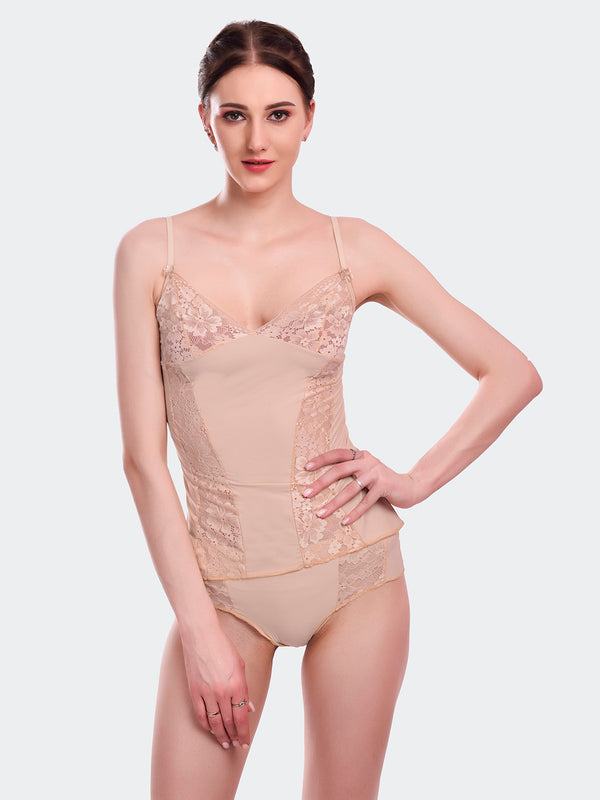 Fleurt Gold Forbe Lycra Co-Ord Set Babydoll Dress for Women HOBF-1017-GD