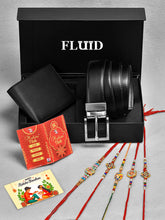 Fluid Rakhi Gift Set – Black Belt, Black Wallet, 5 Assorted Rakhis, Tilak (Roli-Chandan-Chawal-Mishri)& Message Card