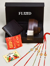Fluid Rakhi Gift Set – Brown Belt, Brown Wallet, 5 Assorted Rakhis, Tilak (Roli-Chandan-Chawal-Mishri)& Message Card