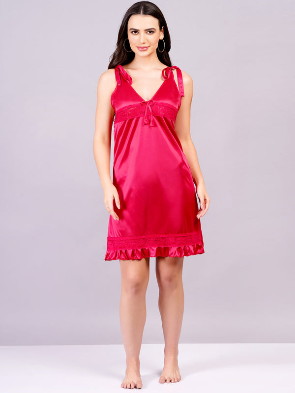 Fleurt Royal Pink Satin Baby Doll Dress for Women HOBF-BD-SATINR-R.PK