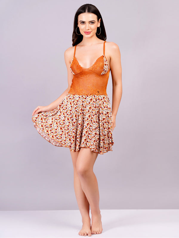 Fleurt Orange Cotton Lycra Baby Doll Dress for Women HOBF-BD-1220-2-OR