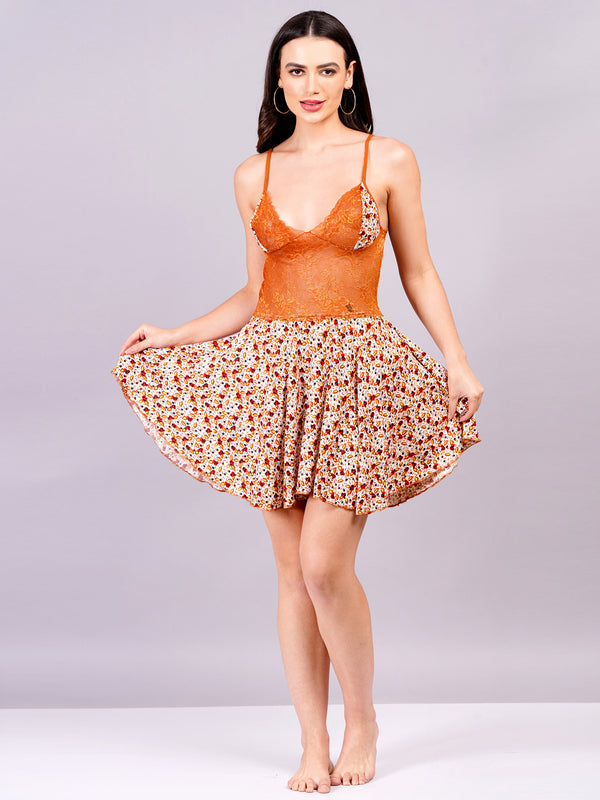 Fleurt Orange Cotton Lycra Baby Doll Dress for Women HOBF-BD-1220-2-OR