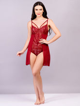 Fleurt Maroon Power Net+Lycra Net Baby Doll Dress for Women HOBF-BD-NS2-MR