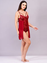 Fleurt Maroon Power Net+Lycra Net Baby Doll Dress for Women HOBF-BD-NS2-MR