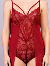 Fleurt Maroon Power Net+Lycra Net Baby Doll Dress for Women HOBF-BD-NS2-MR
