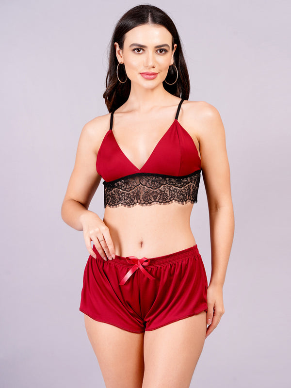 Fleurt Maroon Forbe Lycra Co-Ord Set Babydoll Dress for Women HOBF-BD-1065-MR
