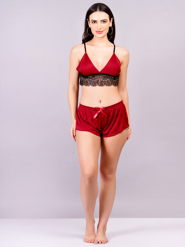 Fleurt Maroon Forbe Lycra Co-Ord Set Babydoll Dress for Women HOBF-BD-1065-MR