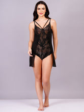 Fleurt Black Power Net+Lycra Net Baby Doll Dress for Women HOBF-BD-NS2-BK