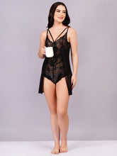 Fleurt Black Power Net+Lycra Net Baby Doll Dress for Women HOBF-BD-NS2-BK
