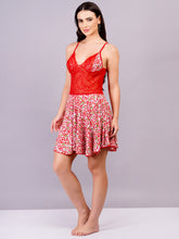 Fleurt Red Cotton Lycra Baby Doll Dress for Women HOBF-BD-1220-1-RD