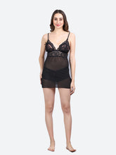 Fleurt Black Power Net Premium Baby Doll Dress for Women HOBF-BD-0341-BK