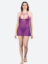 Fleurt Purple Spendex Net Premium Baby Doll Dress for Women HOBF-0368-PR