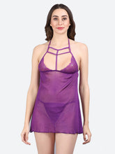 Fleurt Purple Spendex Net Premium Baby Doll Dress for Women HOBF-0368-PR