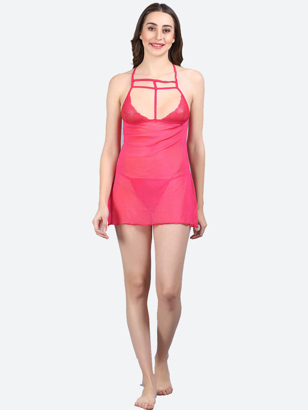 Fleurt Rose Pink Spendex Net Premium Baby Doll Dress for Women HOBF-0368-R.PK