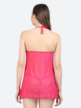 Fleurt Rose Pink Spendex Net Premium Baby Doll Dress for Women HOBF-0368-R.PK