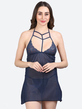 Fleurt Navy Blue Spendex Net Premium Baby Doll Dress for Women HOBF-0368-N.BL