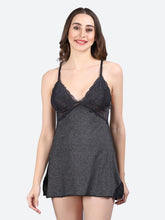 Fleurt Grey-Black Forbe Lycra Premium Baby Doll Dress for Women HOBF-BD-1062-G.BK