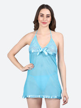 Fleurt Sky Blue Spendex Net Premium Baby Doll Dress for Women HOBF-NEW-0142-S.BL