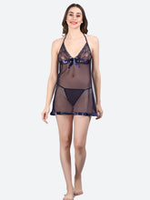 Fleurt Royal Blue Spendex Net Baby Doll Dress for Women HOBF-BD-142-R.BL