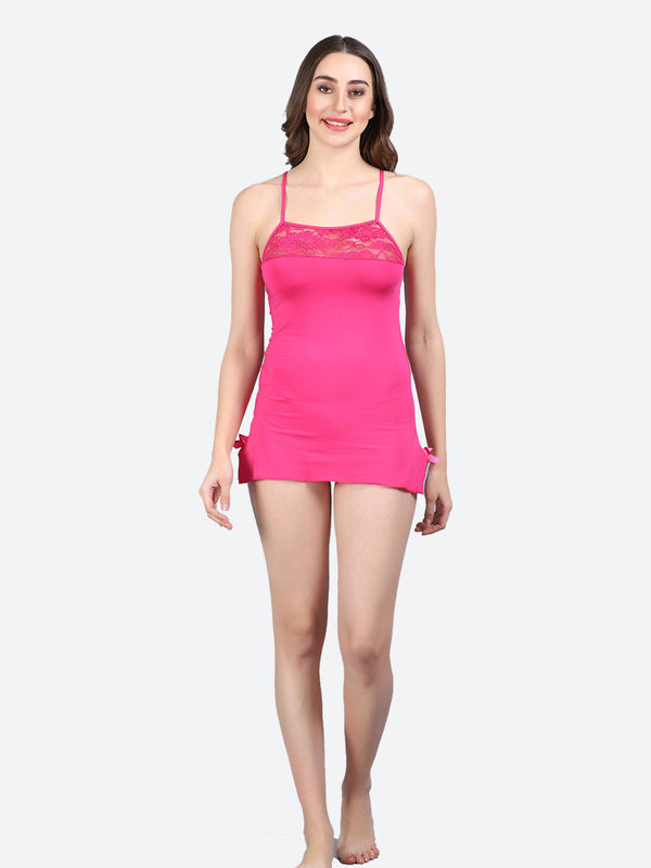 Fleurt Rose Pink Forbe Lycra Baby Doll Dress for Women HOBF-BD-0121-R.PK