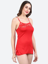 Fleurt Red Forbe Lycra Baby Doll Dress for Women HOBF-BD-0121-RD
