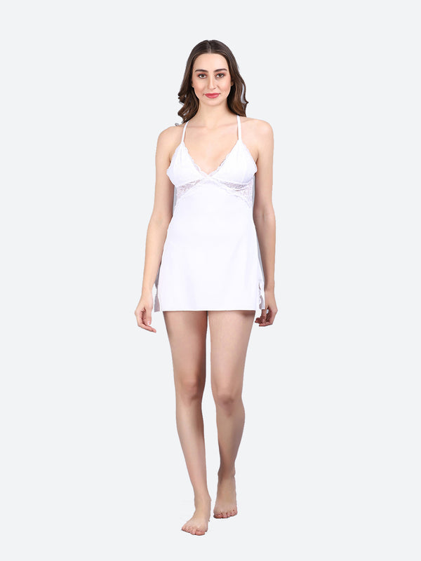 Fleurt White Forbe Lycra Premium Baby Doll Dress for Women HOBF-BD-1062-WH