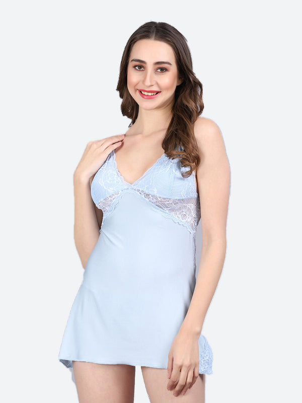 Fleurt Silver-Blue Forbe Lycra Premium Baby Doll Dress for Women HOBF-BD-1062-S.BL