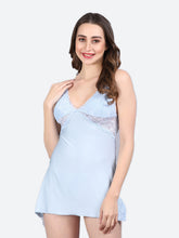 Fleurt Silver-Blue Forbe Lycra Premium Baby Doll Dress for Women HOBF-BD-1062-S.BL