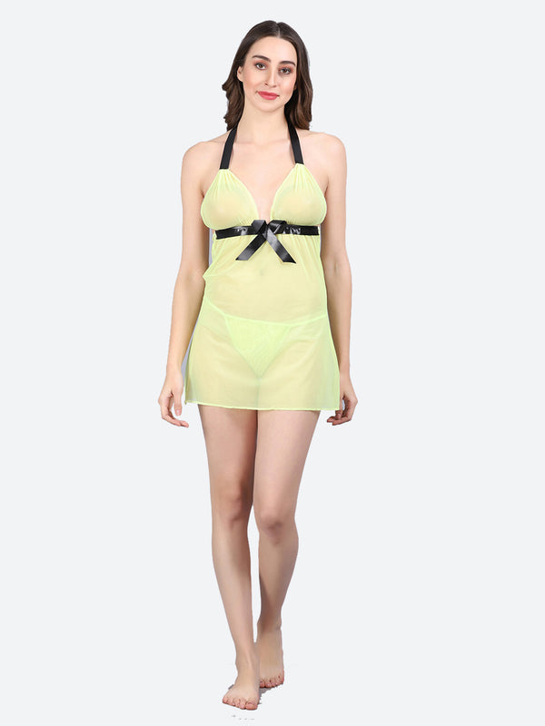 Fleurt Parrot Green Spendex Net Premium Baby Doll Dress for Women HOBF-NEW-0142-P.GR