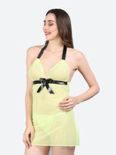 Fleurt Parrot Green Spendex Net Premium Baby Doll Dress for Women HOBF-NEW-0142-P.GR