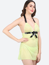 Fleurt Parrot Green Spendex Net Premium Baby Doll Dress for Women HOBF-NEW-0142-P.GR