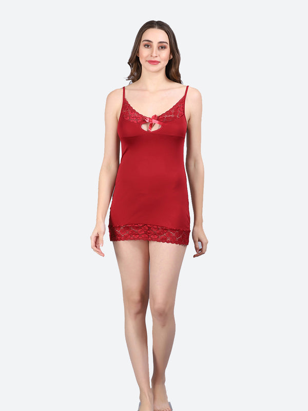 FLEURT Maroon Nylon Babydoll With Thong Panty For Women FLT-BD-0118-MR