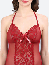 Fleurt Maroon Power Net Premium Baby Doll Dress for Women HOBF-BD-0367-MR