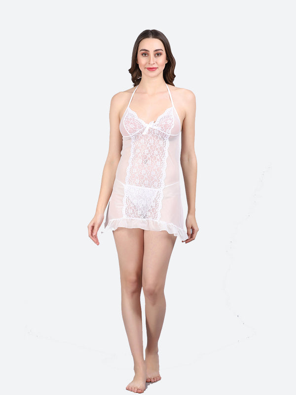 Fleurt White Power Net Premium Baby Doll Dress for Women HOBF-BD-0367-WH