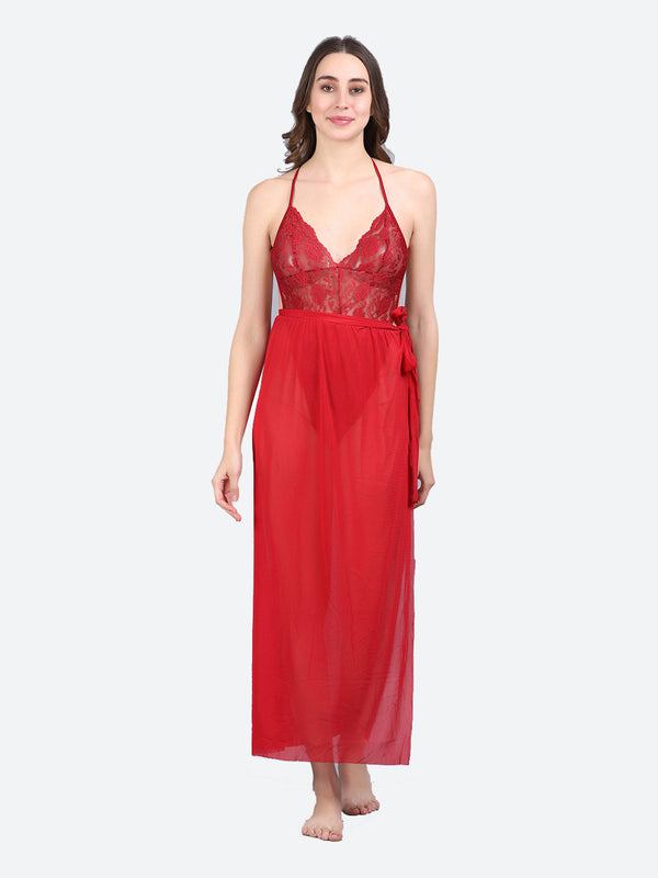 Fleurt Maroon Spendex Net Baby Doll Dress for Women HOBF-BD-SLG-MR