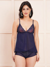 Fleurt Navy Blue Power Net Co-Ord Set Babydoll Dress for Women HOBF-1028-N.BL