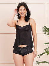 Fleurt Black Power Net Co-Ord Set Babydoll Dress for Women HOBF-102-BK