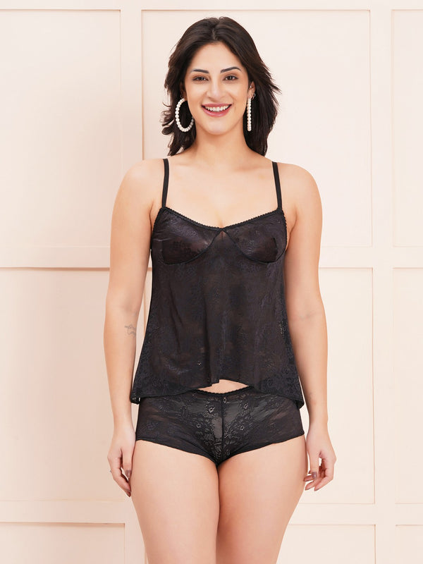 Fleurt Black Power Net Co-Ord Set Babydoll Dress for Women HOBF-102-BK