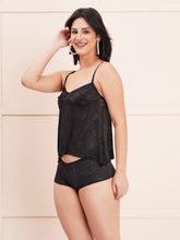 Fleurt Black Power Net Co-Ord Set Babydoll Dress for Women HOBF-102-BK