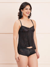 Fleurt Black Power Net Co-Ord Set Babydoll Dress for Women HOBF-102-BK