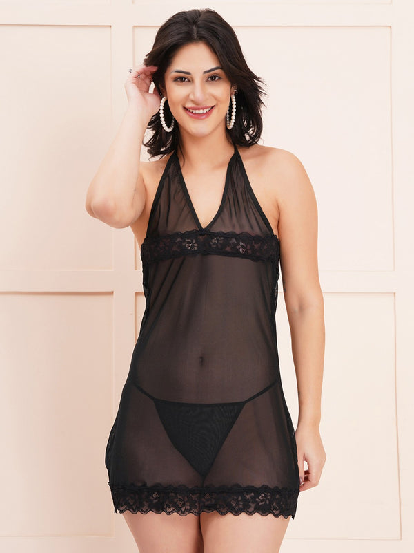 Fleurt Black Spendex Net Premium Baby Doll Dress for Women Fleurt25-BD-105-BK