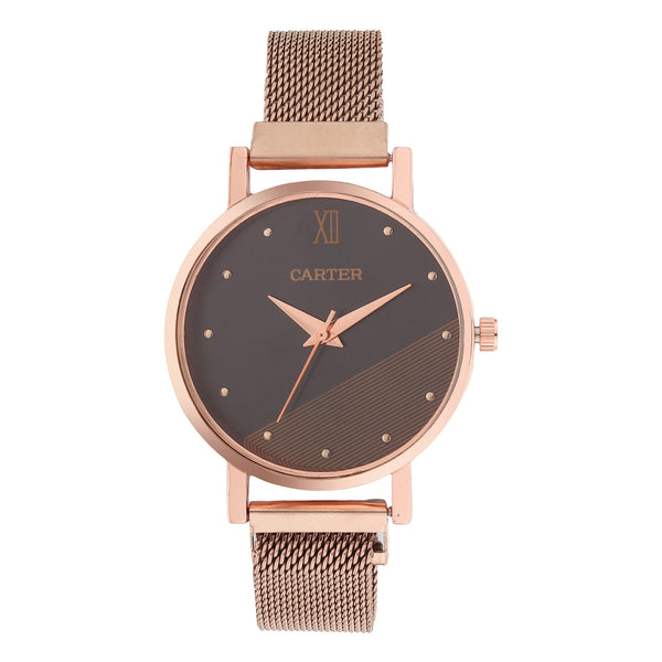 Sandy D Carter Metal Rose Gold Analogue Round Watches for Women_SDC24-75-RG-BK